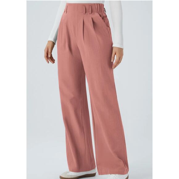 L Petite Halara High Waisted Pink Pocket Wide Leg Casual Linen-Feel Pants NWT - Picture 1 of 6